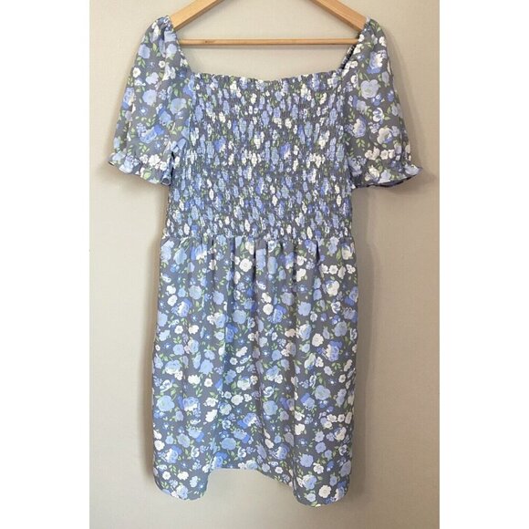 Ann Taylor LOFT Outlet Dress Smocked Bodice Puff Sleeves Gray Blue Large L - Picture 3 of 5